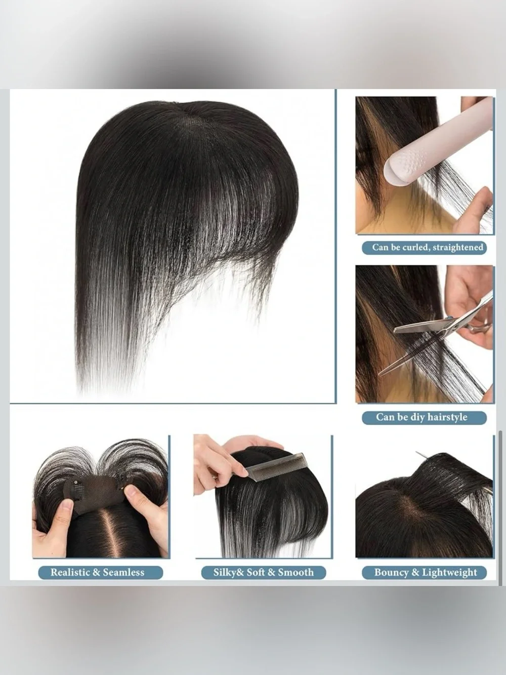 Human Hair Topper With Air Bangs Lightweight Clip In Hair Topper